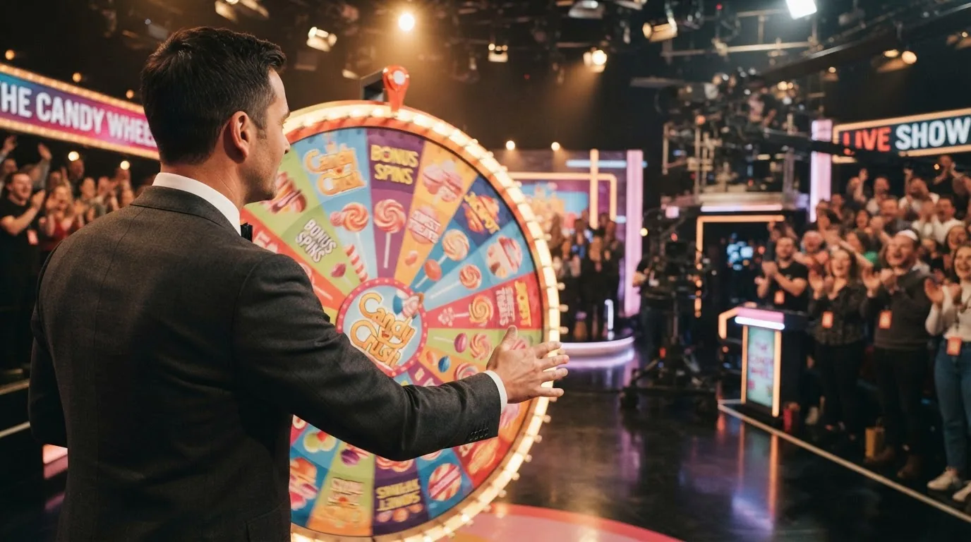 El plató de Sweet Bonanza Candyland con el presentador, la ruleta de colores y los segmentos de caramelo en un estudio de producción en directo