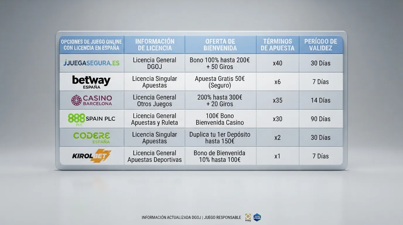 Tabla comparativa con los nombres, licencias, ofertas de bienvenida, requisitos de apuesta y plazos de validez de los 10 casinos online con licencia DGOJ analizados en esta guía