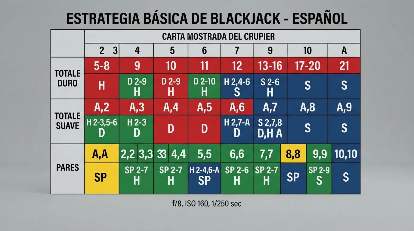Tabla de estrategia básica del blackjack codificada por colores: filas con la mano del jugador, columnas con la carta visible de la banca y cada casilla indicando la acción matemáticamente óptima