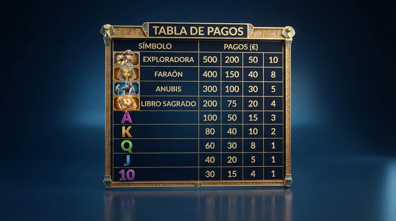 Tabla de pagos de Book of Dead con los valores de Rich Wilde, el Faraón, Anubis y el resto de símbolos por número de apariciones en línea