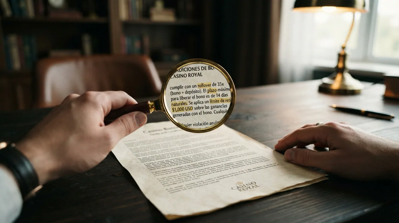 Una lupa sobre la letra pequeña de un contrato de bono de casino, con los términos «rollover», «plazo» y «límite de retiro» subrayados en amarillo