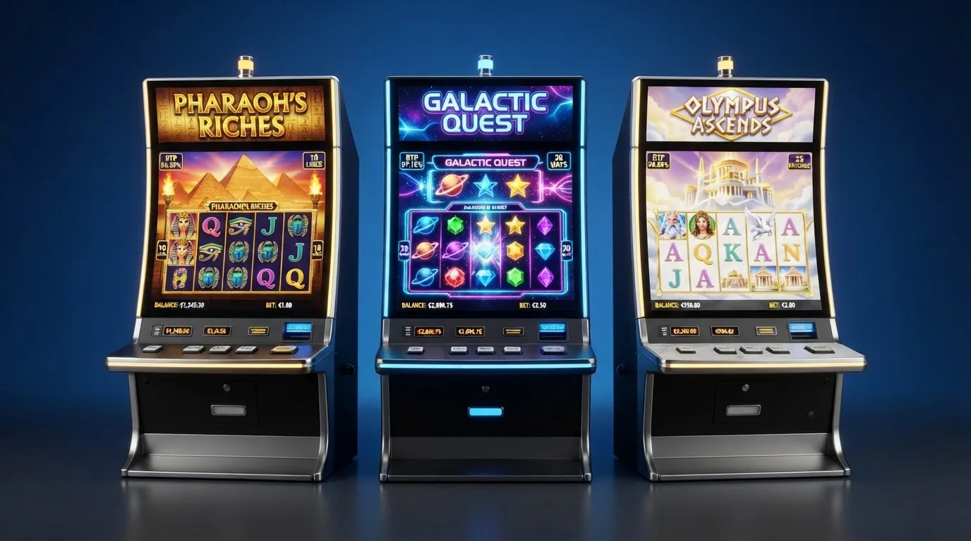 Collage de las pantallas de tres tragamonedas populares en casinos europeos: Book of Dead, Starburst y Gates of Olympus, con sus porcentajes de RTP visibles