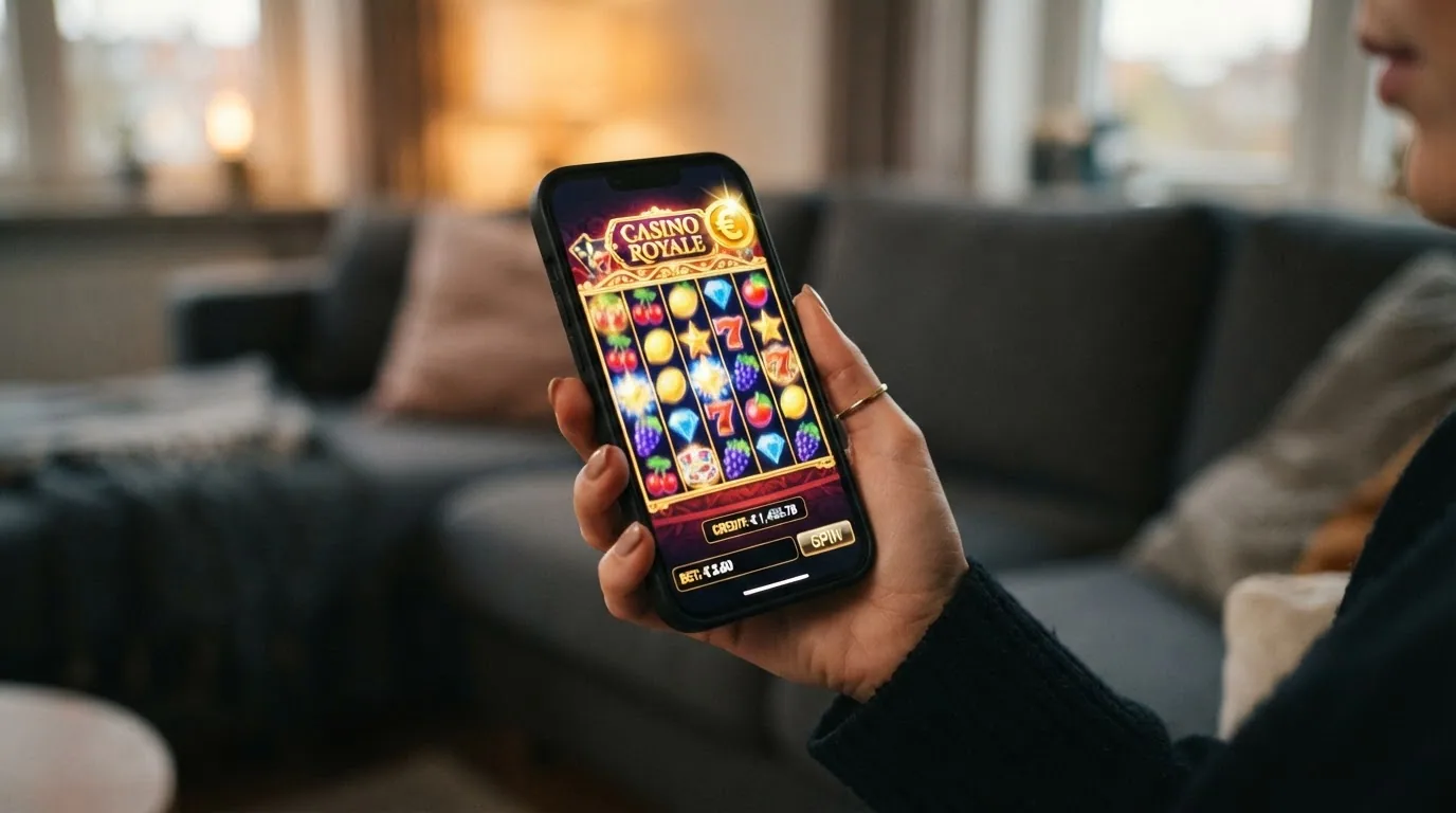 Captura de pantalla de una tragaperras en una app de casino con los rodillos girando y el saldo en euros visible