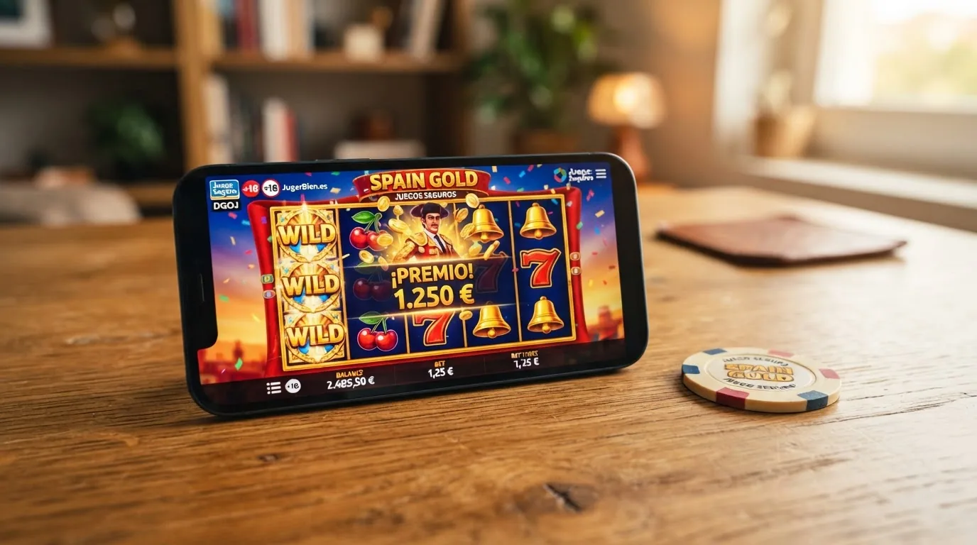 Pantalla de una tragaperras online en un casino con licencia DGOJ mostrando los rodillos y la interfaz de apuesta