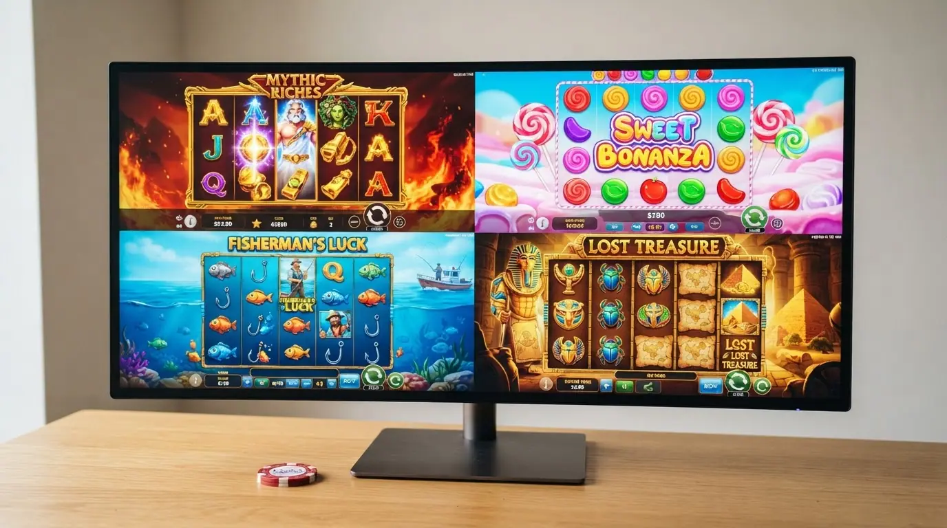 Collage con las pantallas de cuatro slots — Gates of Olympus, Sweet Bonanza, Big Bass Bonanza y Book of Dead — y su RTP publicado
