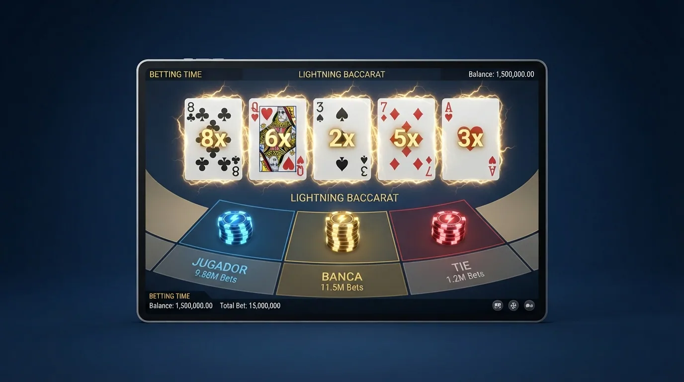 Pantalla del juego Lightning Baccarat de Evolution con las tarjetas multiplicadoras destacadas y el marcador de ganancias