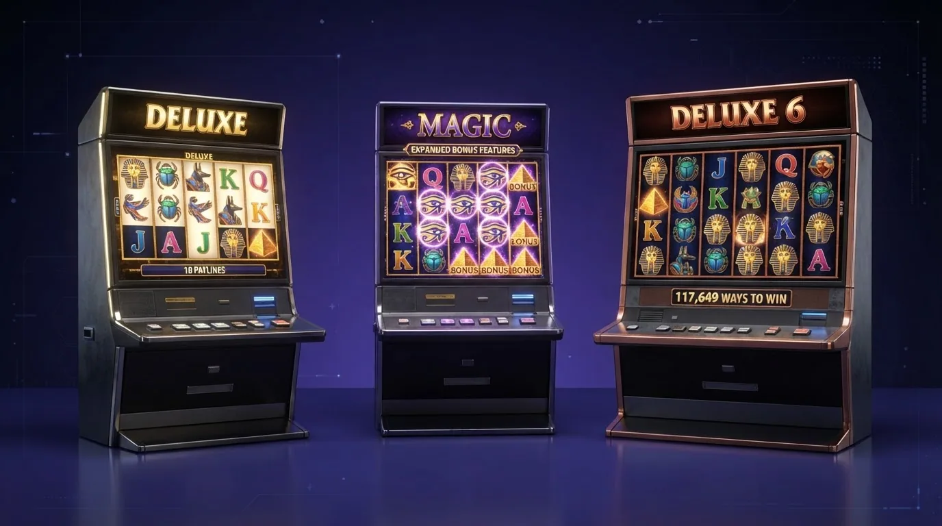 Capturas comparadas de las pantallas de Book of Ra Deluxe, Magic y Deluxe 6 con sus distintas configuraciones de carretes y líneas de pago