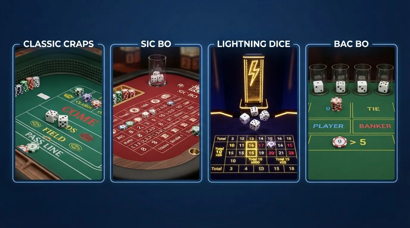 Cuatro pantallas de juegos de dados distintos — craps clásico, Sic Bo, Lightning Dice y Bac Bo — mostrando sus interfaces una al lado de otra