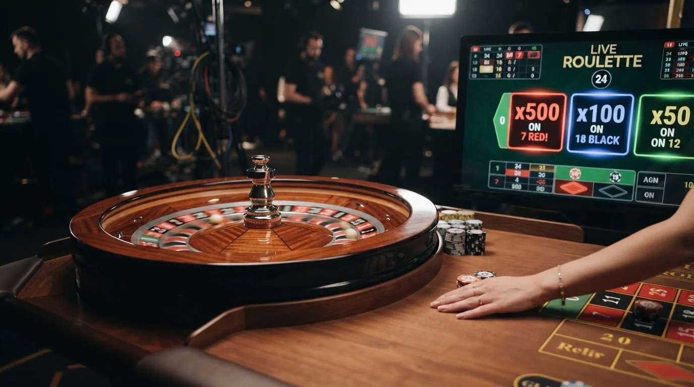 Una mesa de ruleta en directo con la interfaz de apuestas superpuesta en pantalla mostrando multiplicadores activos en una ruleta Quantum