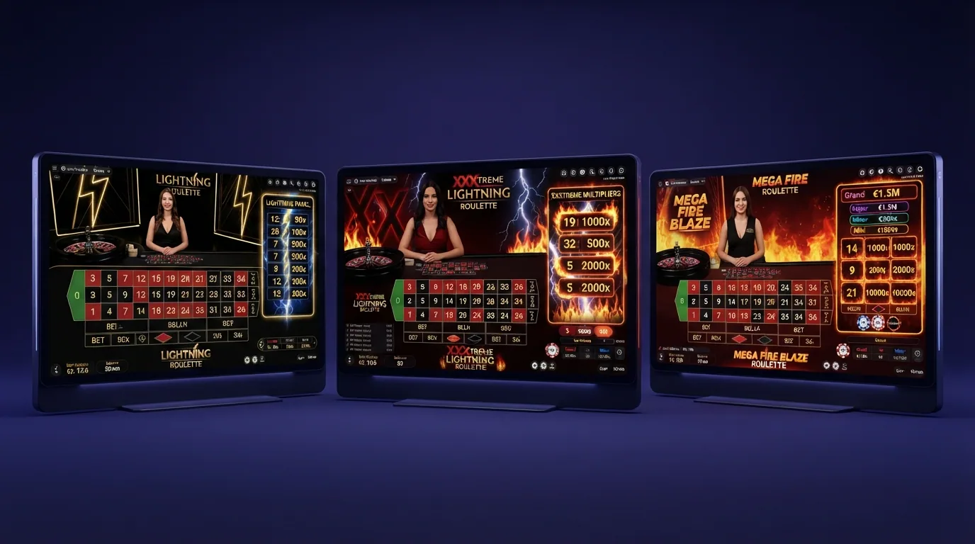 Tres interfaces de ruleta en vivo: europea clásica, Lightning Roulette con panel de multiplicadores y Mega Fire Blaze con su ronda de bonificación