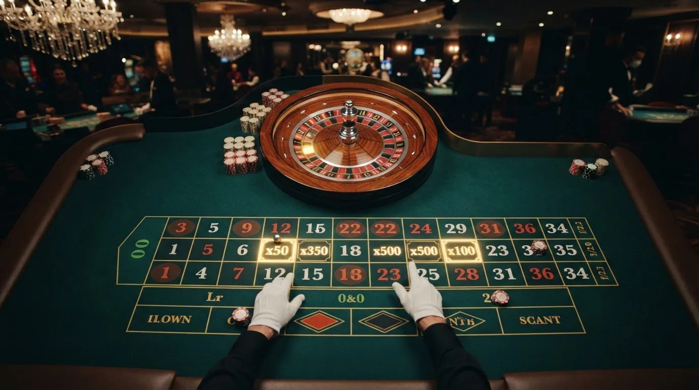 Mesa de Lightning Roulette con los números multiplicadores iluminados en la interfaz de apuestas durante una ronda