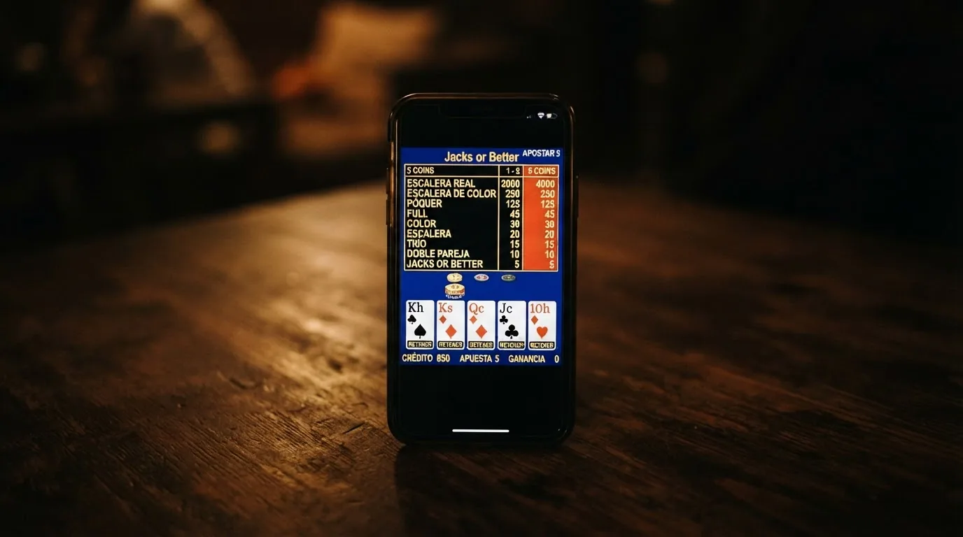 Captura de una pantalla de video poker Jacks or Better con la pay table visible, mostrando los pagos por cada combinación ganadora
