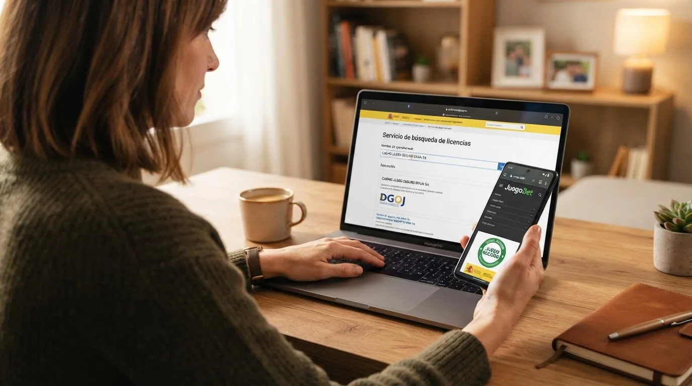 Mano de un jugador sosteniendo un móvil con la web ordenacionjuego.es abierta, junto a un ordenador portátil con la página de registro de un casino con licencia