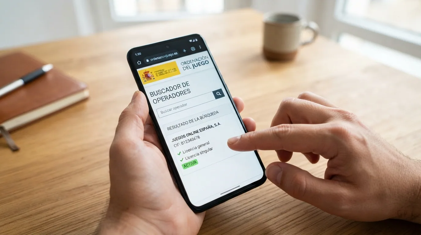 Pantalla del buscador de operadores de ordenacionjuego.es con el campo de búsqueda y un resultado de operador autorizado, mostrando el proceso real de verificación