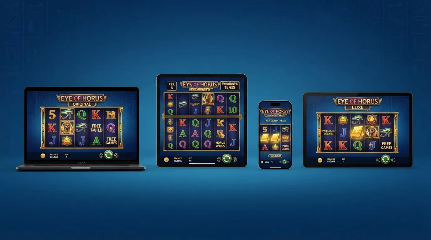 Comparativa visual de las pantallas de las cuatro versiones de la saga: Eye of Horus original, Megaways, The Golden Tablet y Luxe